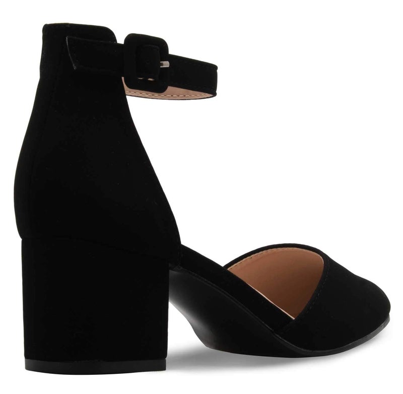 Olivia K Women's Classic Pumps Close Toe Ankle Strap Kitten Heel - Adorable Low Block Heel Black Nubuck - Image 3